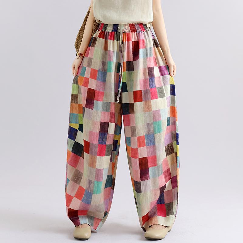DIMANAF 2026 Autumn New Plus Size Women Long Pants Print Floral Cotton Linen Vintage Loose Elastic Waist Casual Lady Bottoms