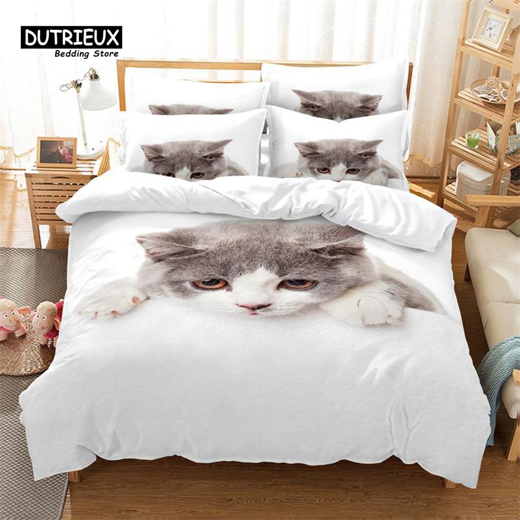 Funny Cat Duvet Cover Microfiber Pet Bedding Set Full King For Kids Child Cat Lovers Decor Cute Animal Quilt Cover Pillowcases