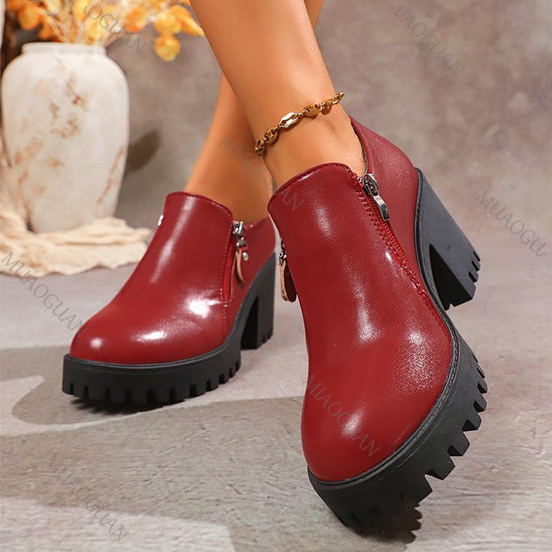 Fashion High Heels Women Leather Shoes 2025 Spring Autumn Thick Bottom Round Head Women Shoes Deep Mouth Side Zipper Pumps for Women