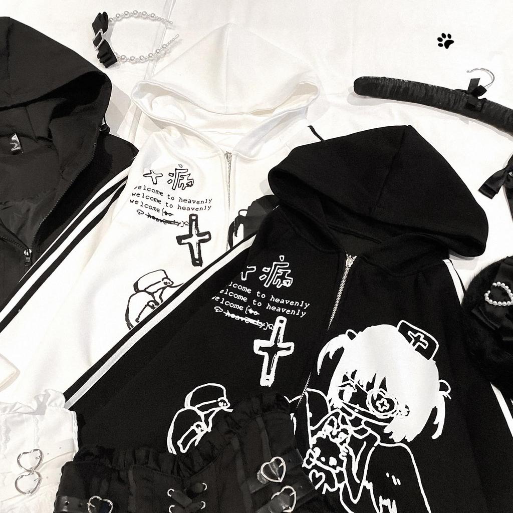 Jundakara Hoodie with a Sickly Cute Colorway and Cute Long Sleeve Subculture Perfect for and Women's Zip-Up Print. Sweatshirt. Style, Y2K, Shibuya,