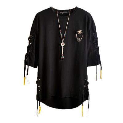 Korean Fashion Men`s Street Style Lace Punk Gothic Pullover Designer Steampunk Hem Hip Hop Sweatshirts Shirts Tees