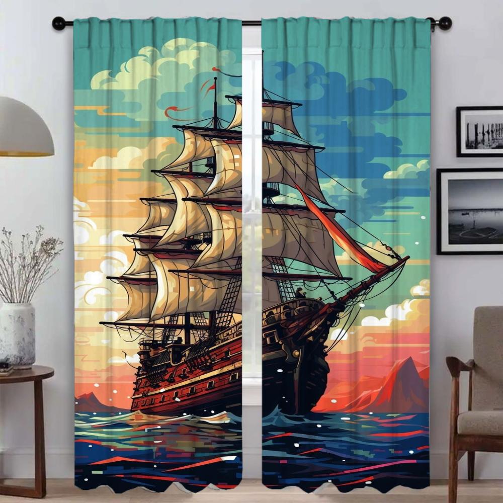 

Оконная штора для комнаты 2 Панельная иллюстрация корабля Раздел затемняющие шторы Хэллоуин украшения Домашний интерьер шторы оттенки W50xH70cmx2pcs-CL