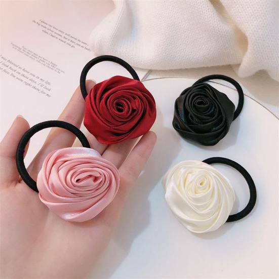 Hair Tie French Style Glossy Satin Rose Flower Decor Handcrafted 3D Petal Design Hair Rope Soft Smooth Fabric Hair Accessory