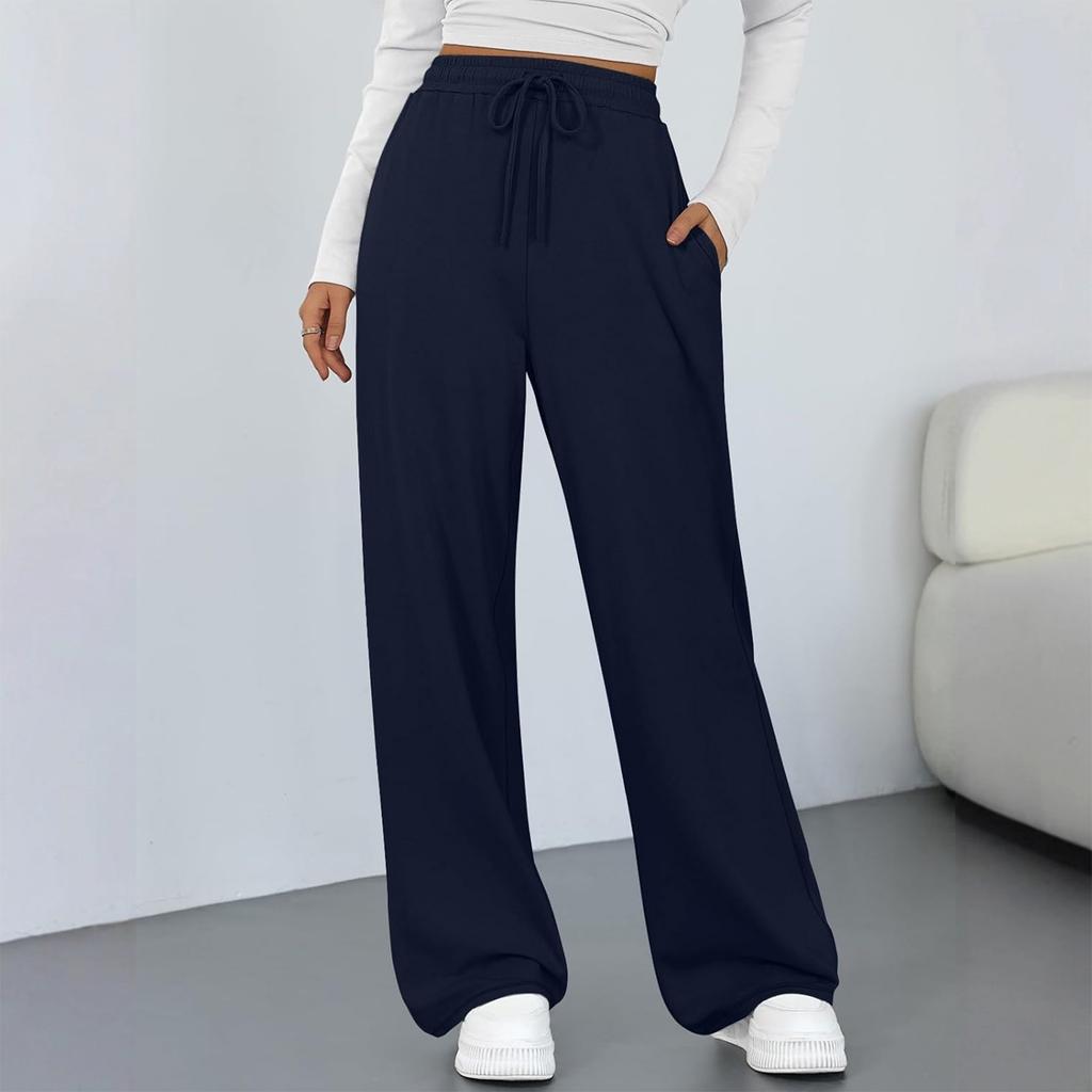 Modische Damen-Farbhose mit weitem Bein, hoher Taille, lockeren Taschen mit Kordelzug, Freizeithose