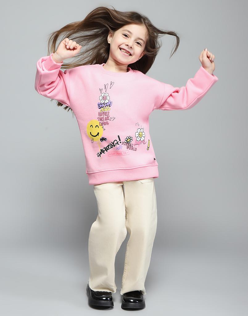 MONTE CARLO Girls Printed Pink Round Neck Full Sleeve Sweatshirt