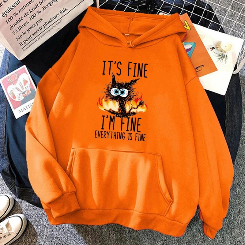 Cat Its Fine Im Fine Everything Is Fine Printed Women And Men Hoodies Hooded Fashion Sweatshirts Harajuku