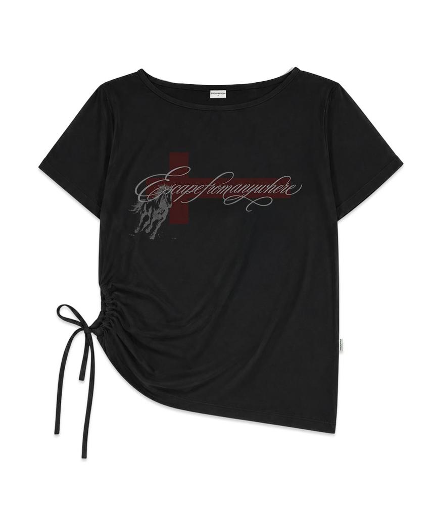ESCAPEFROM [Escf X Hot Today] Cross Angel Print Side Shirring Detail Loose Fit One-Shoulder Short Sleeve T-Shirt Black