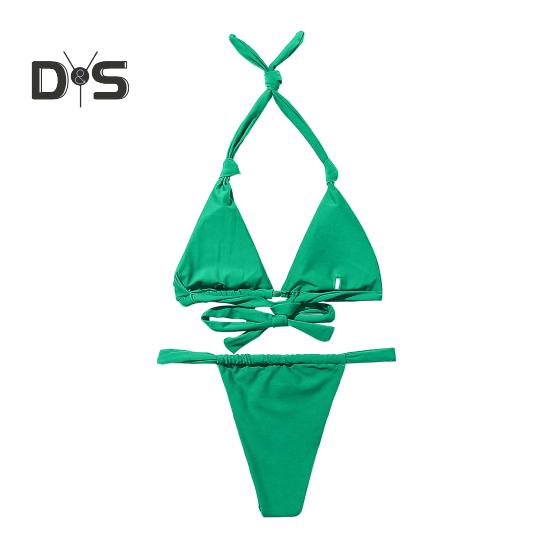 2Pcs/Set Women Bikini Set Halter Padded Wireless Bikini Bra High Waist Swimming Briefs Set Split Design Solid Color Swimsuit