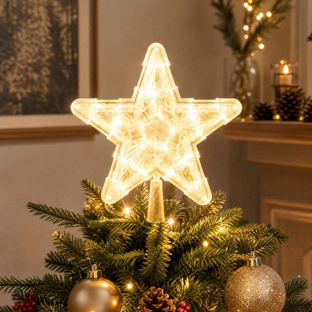 Christmas Tree Topper Star with Lights, Glitter- Five-Pointed Star Holiday Decoration