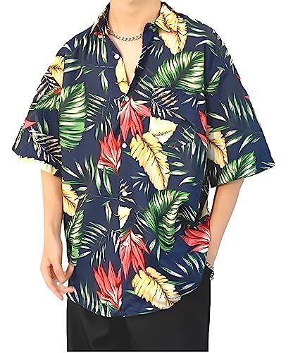 [Four leaf] Stylish Men s Aloha Shirt, Short Sleeve, Summer, White, Leaf