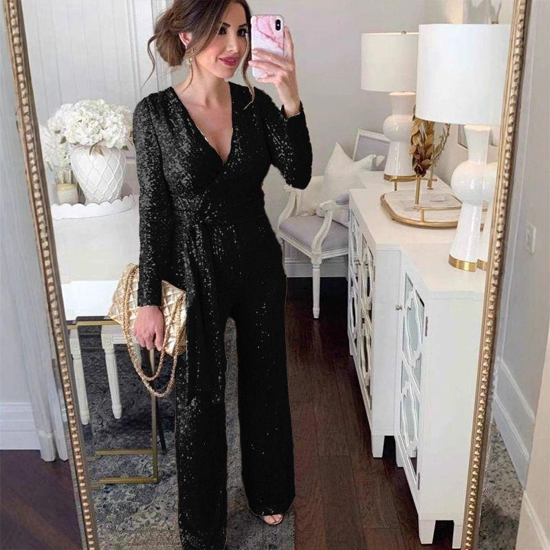 

V-neck Long sleeve Shiny Crystal Sequin Waist Hugging Jumpsuit Formal Dress Women V-Neck Jumpsuit Pants Women Black XXL