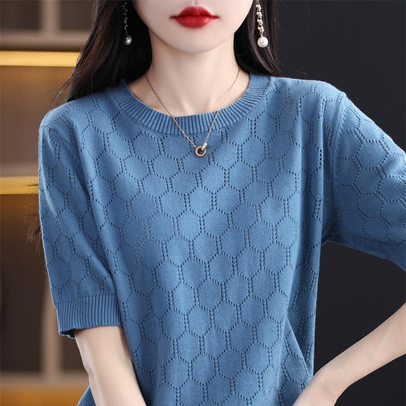 Fashionable Hollow Cotton Knitted Short-sleeved T-shirt for Women In Summer New Round Neck Loose T-shirt Half-sleeved Top