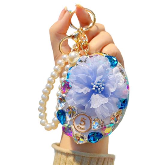 Rhinestone Bling Pocket Mirror Keychain Double-sided Round Folding Makeup Mirror Wristlet Bag Charm for Handbag Purse Travel Accessory