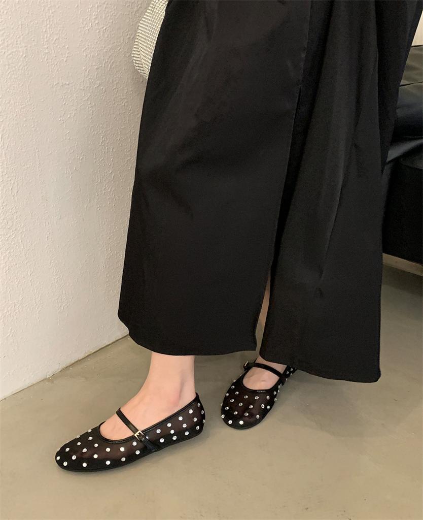 2025 Summer New Niche Flats Soft-soled Mesh Sandals Fairy Rhinestone One-word Buckle Fashion Shoes