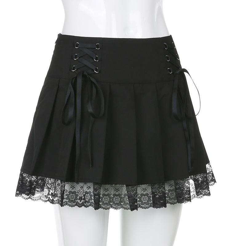 2023 Women High Waist A-Line Mini Skirt Lace Decoration Pleated Printed Punk Style Black Dress Club Party Wear Hot