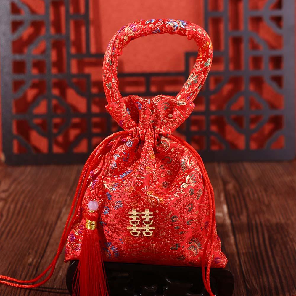 Chinese Knot Wedding Bride and Groom Brocade Handle Bag Wedding-favor Gift Package Bag Candy Bag