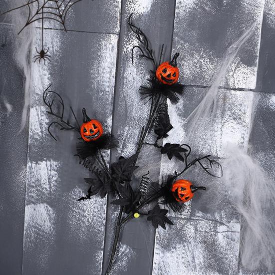 Artificial Halloween Stem Faux Curly Willow Branch with Pumpkin And Black Maple Leaves Gothic Fake Twig Picks for Vase DIY Home Decor