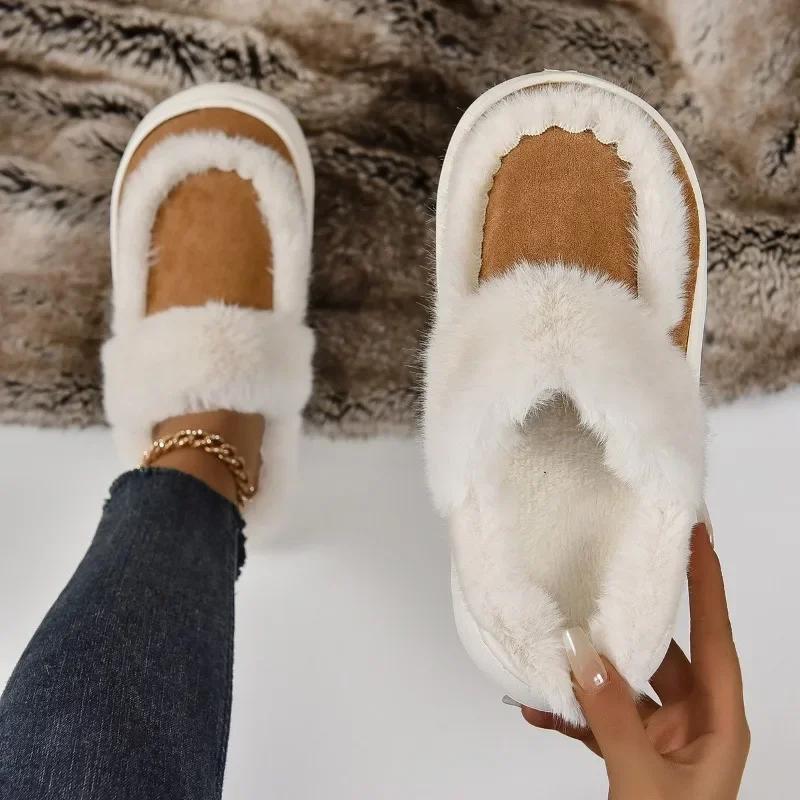 Fashion Fur Snow Slipper Women Korean Platform Slippers Luxurious Long Plush Warm Soft Indoor Thick Sole Footwear Cotten Shoes 2024