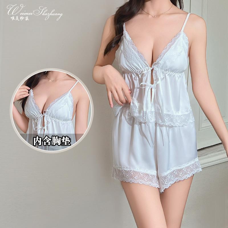 Beautiful yarn sexy women's ice silk suspender shorts set front lace-up pure desire wind belt chest pad lace suit