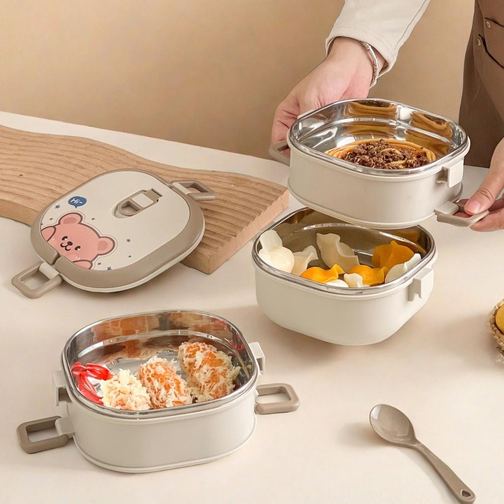 304 Stainless Steel Multi-Layer Lunch Box With Spoon Cute Portable Large Capacity Sealed Bento Box For Adult Students