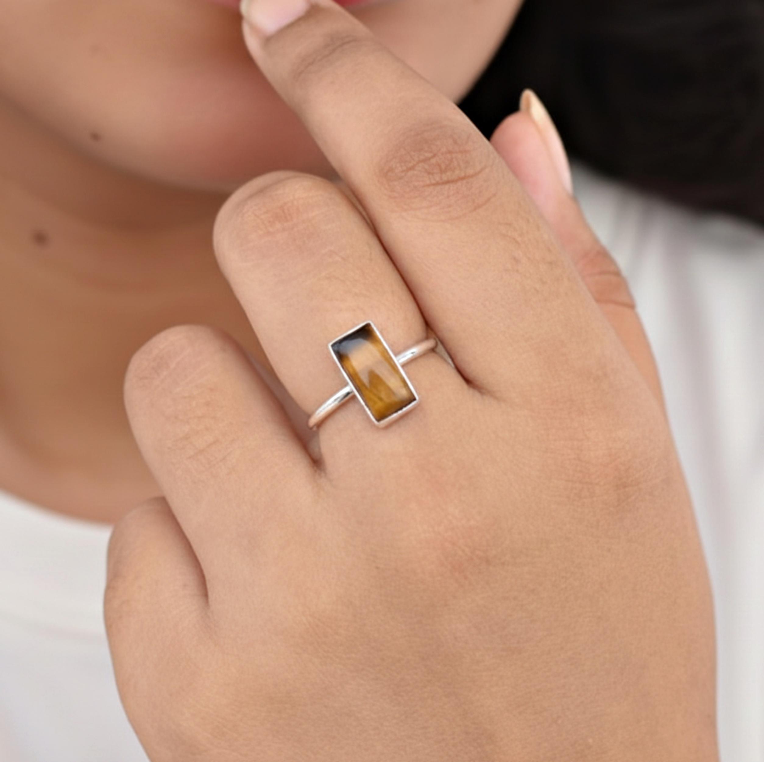 

Tiger Eye Rectangular Cabochon Stacking Ring, 925 Sterling Silver, Minimalist Simple Everyday Ring, Gift for Her 12 срібний