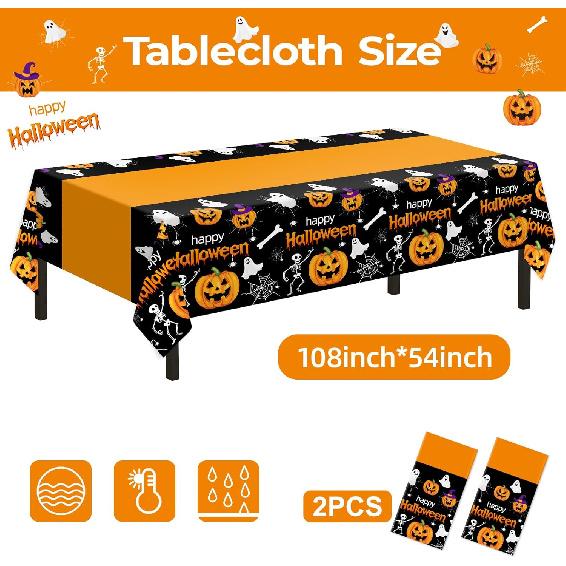 Childom 2 Pack Halloween Tablecloth,Halloween Decorations 54x108 Inch Disposable Plastic Table Cover for Rectangle,Pumpkin Spider Web Ghost Table