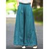 Women's Teal Embroidery Wide Leg Pants High Waist Loose Flowy Trousers Chinese Style Casual Pants