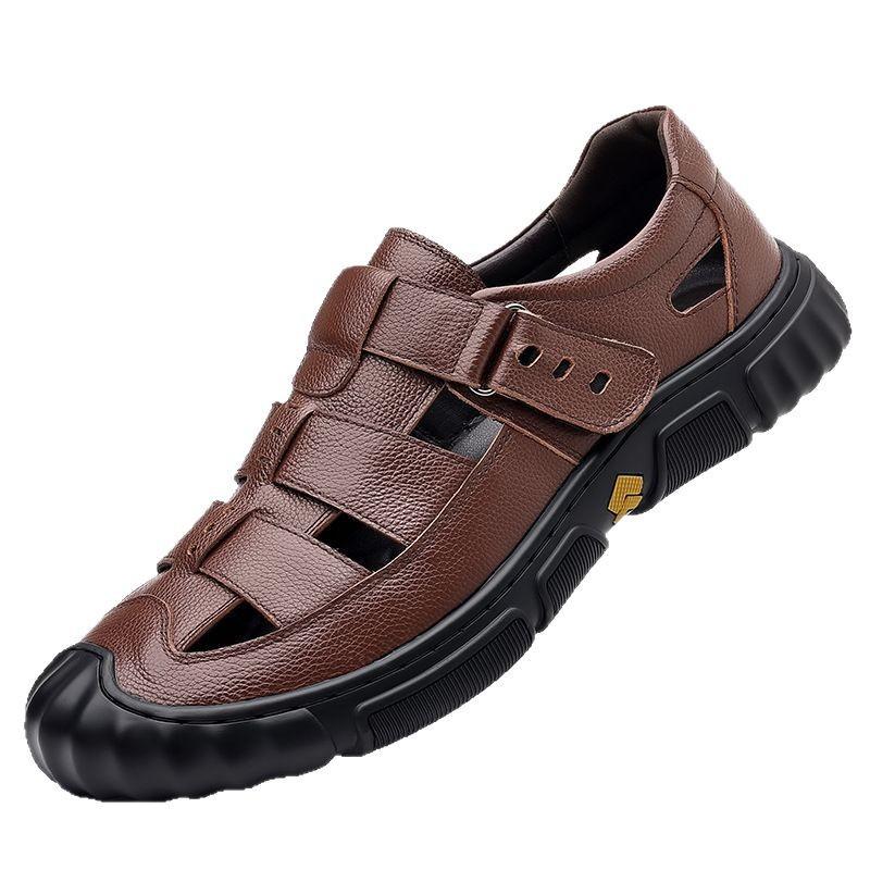 Sandals Men's Summer Leather Breathable Velcro Hollow Leather Shoes Men's Non-slip Soft Sole Casual Shoes Rubber Sole