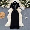 Women's Polo Collar Ribbed Knit Dress with Pearl Buttons and White Trim In Blue and Beige