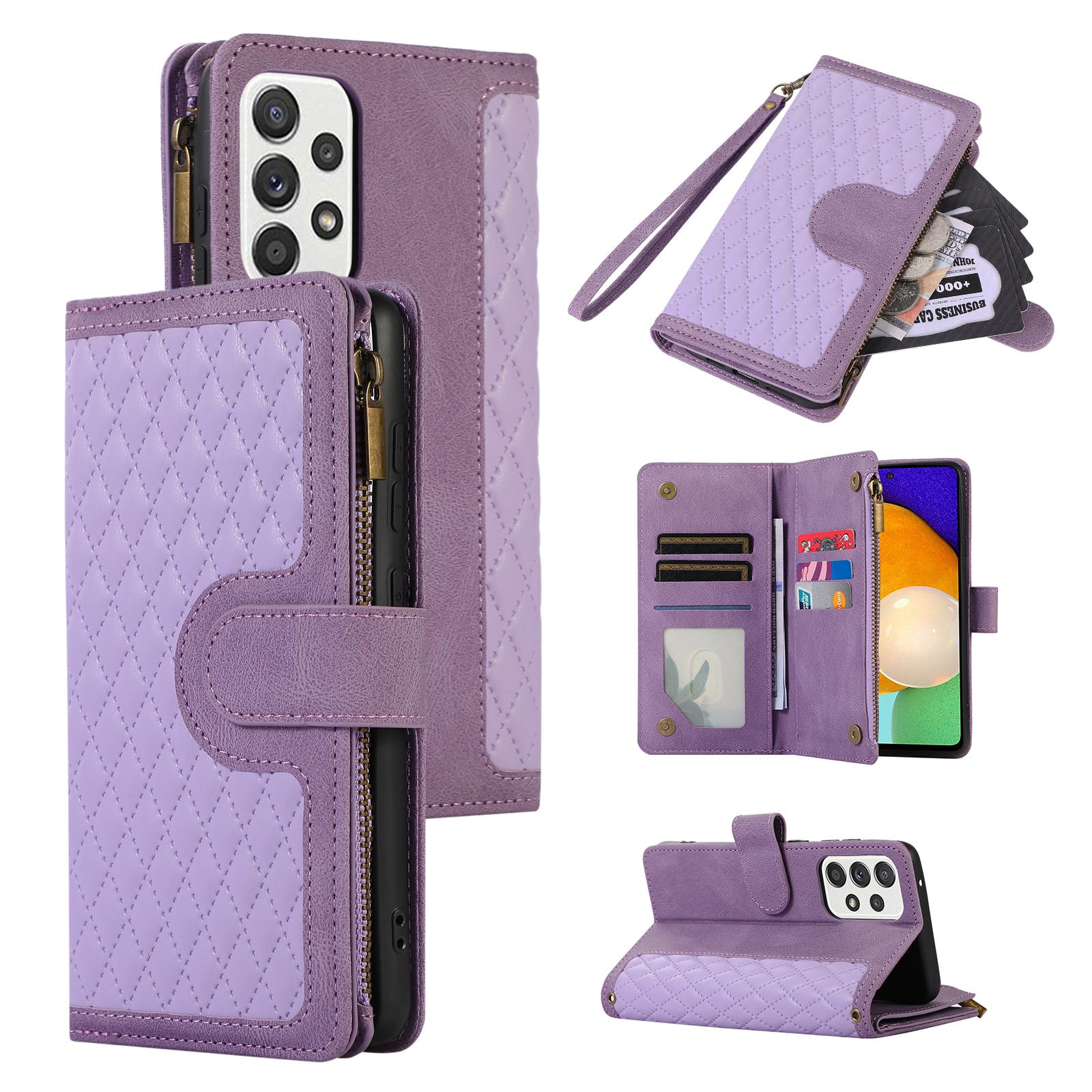 

For Samsung Galaxy A32 5G/M32 5G Rhombus Design Zipper Pocket Leather Phone Case 9 Card Slots Wallet Stand Cover Purple