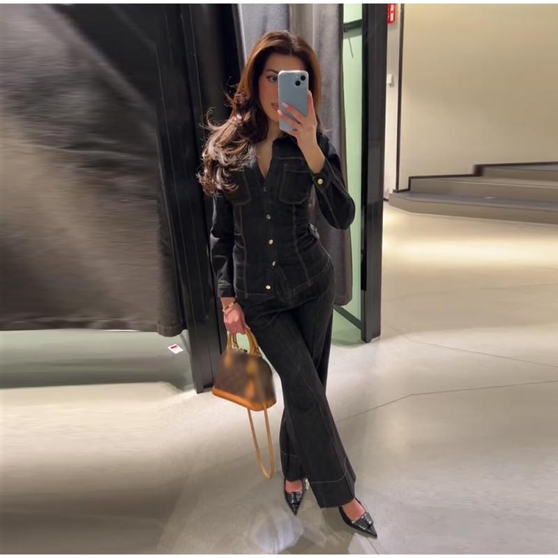 Elegant Denim Solid Color Top Pants Set Women Lapel Single Breasted Pockets Jacket Straight Loose Jeans 2025 Spring Street Fashion Set