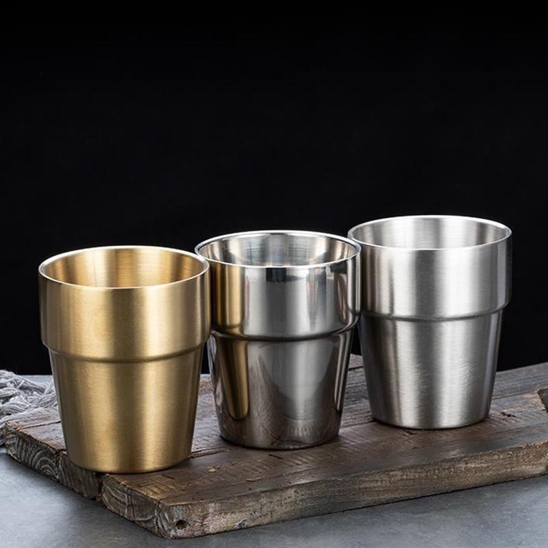 1ks 200ml/ 300ml Korejská matná nerezová ocel Dvojvrstvý šálek Izolovaný šálek na vodu Pivo šálky na pití kávy Zlaté stříbrné hrnky Nádobí