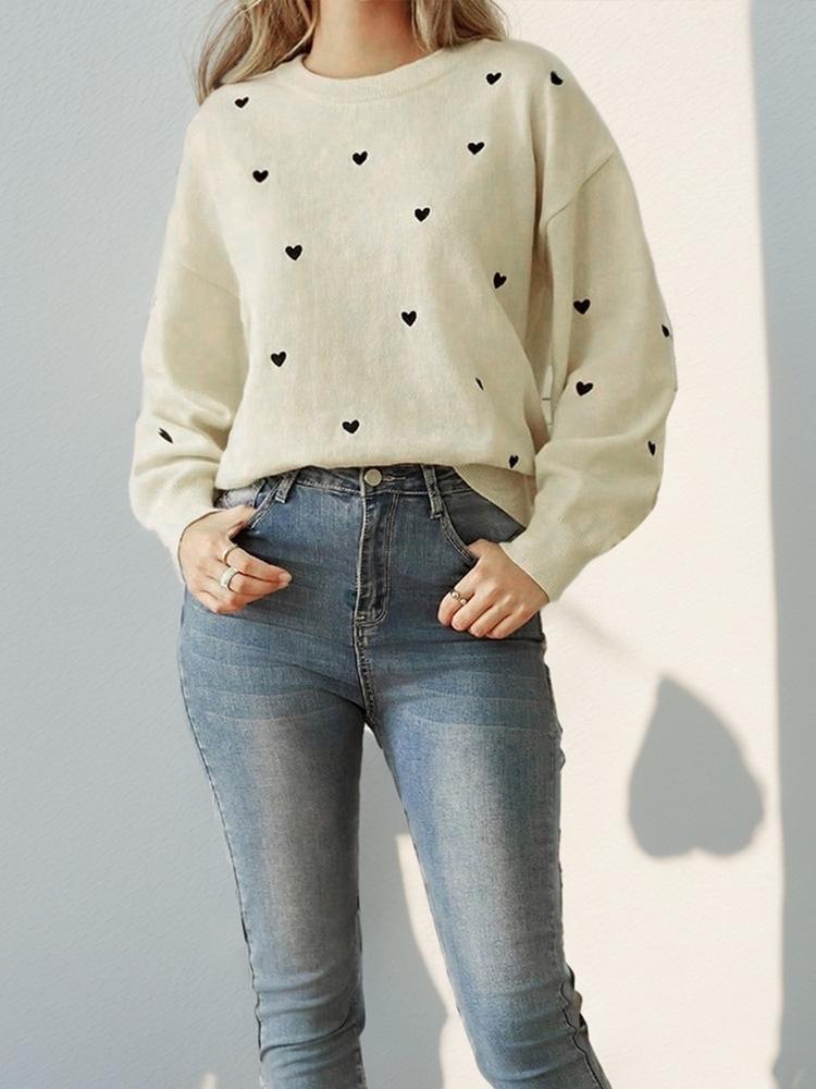 Autumn European & American Versatile Knit Heart Sweater - Women's Cute Round Neck Style