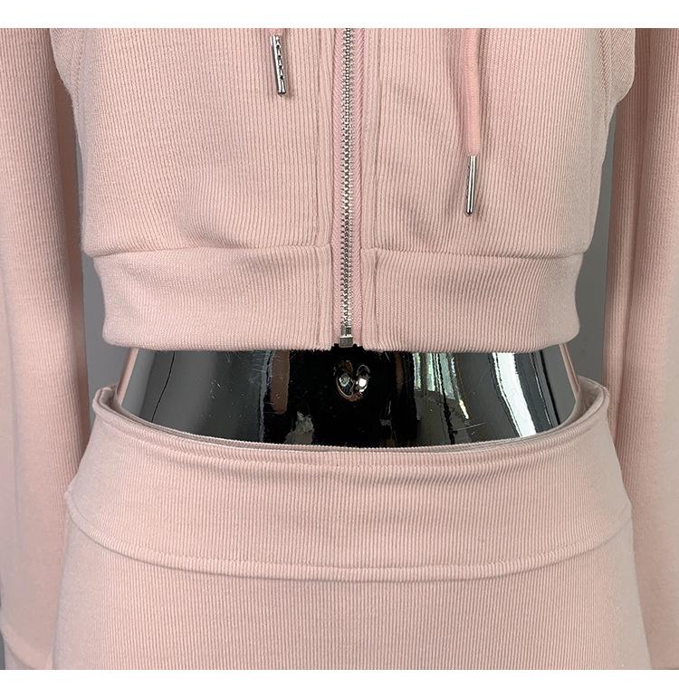 Korean Slim Sexy Cropped Hooded Cardigan & Low-Rise Skirt Set for Women