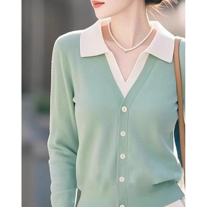Mint Green Lapel Inside with Bottom Knitted Sweater Women's Clothing Autumn New Sweater Fake Two Long-sleeved Top