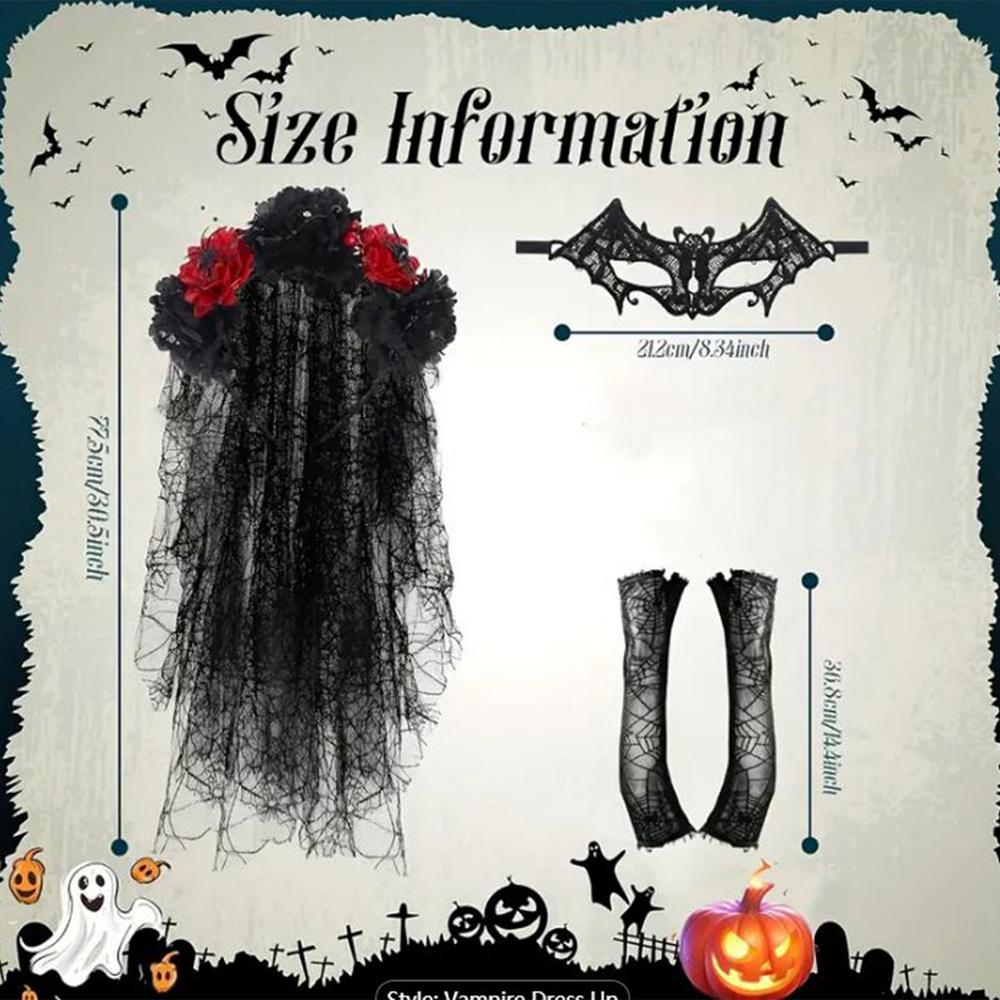 

Day of the Dead Costume Set Clothing Decoration Lace Veil Costumes for Women Adults Bride Face Halloween Cosplay Masquerade чорний