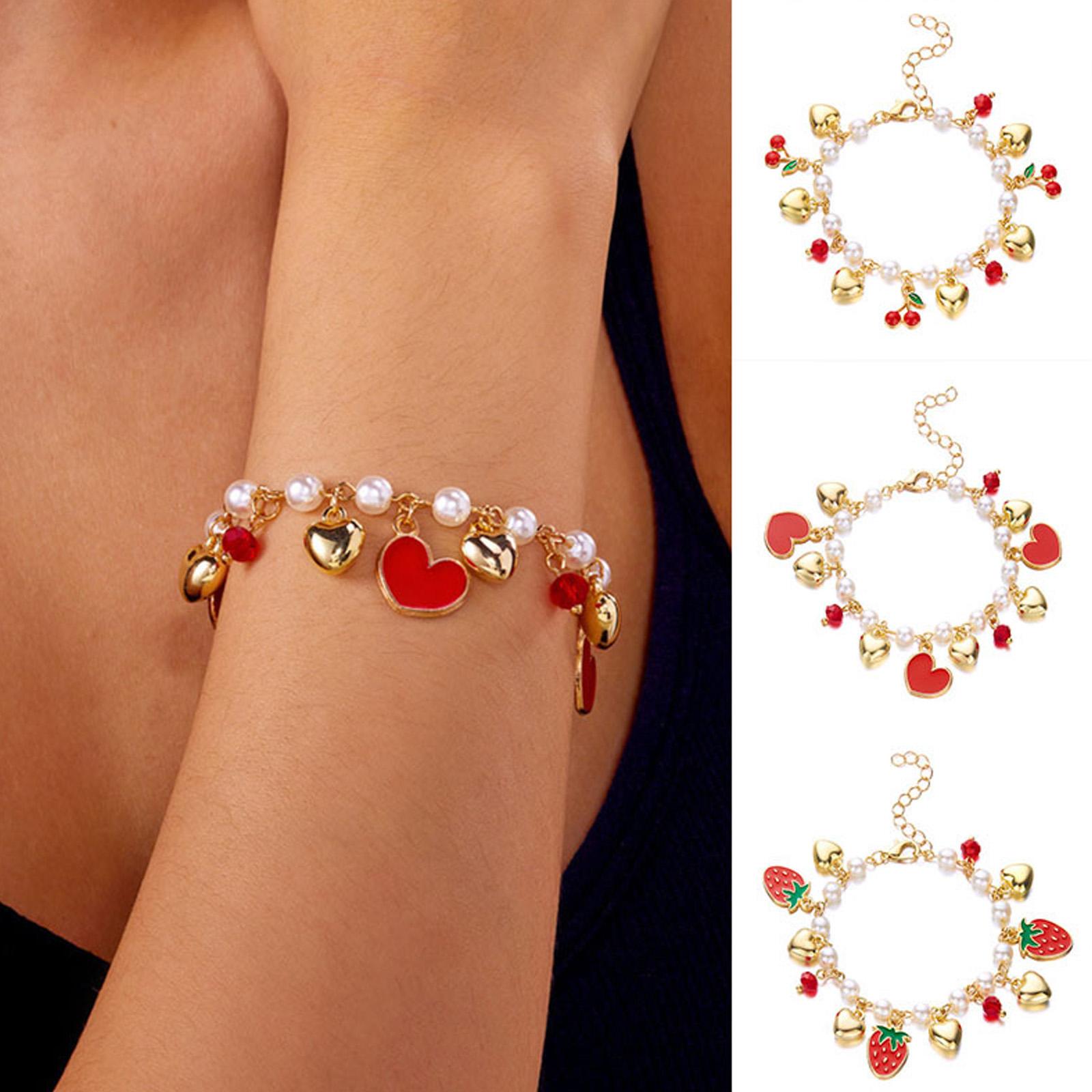 

Adjustable Love Charm Bracelet with 3D Strawberry Cherrys Heart and Pearls Beads Decoration for Women Casual Wear B