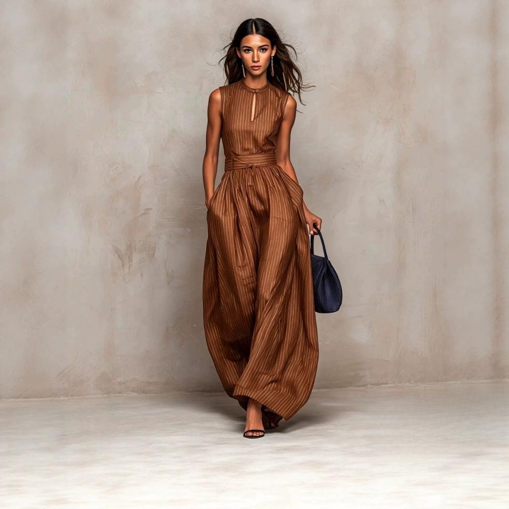 European and American style 2026 new dark blue striped sleeveless waist wide-leg jumpsuit women's long temperament fashionable cross-border women