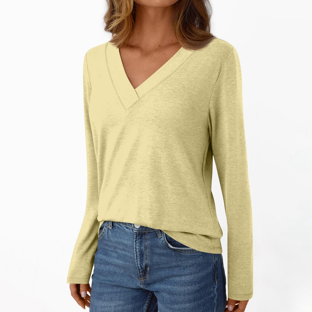 Women's Casual Fashion Brushed Solid Color Long-sleeved V-neck Top T-shirt