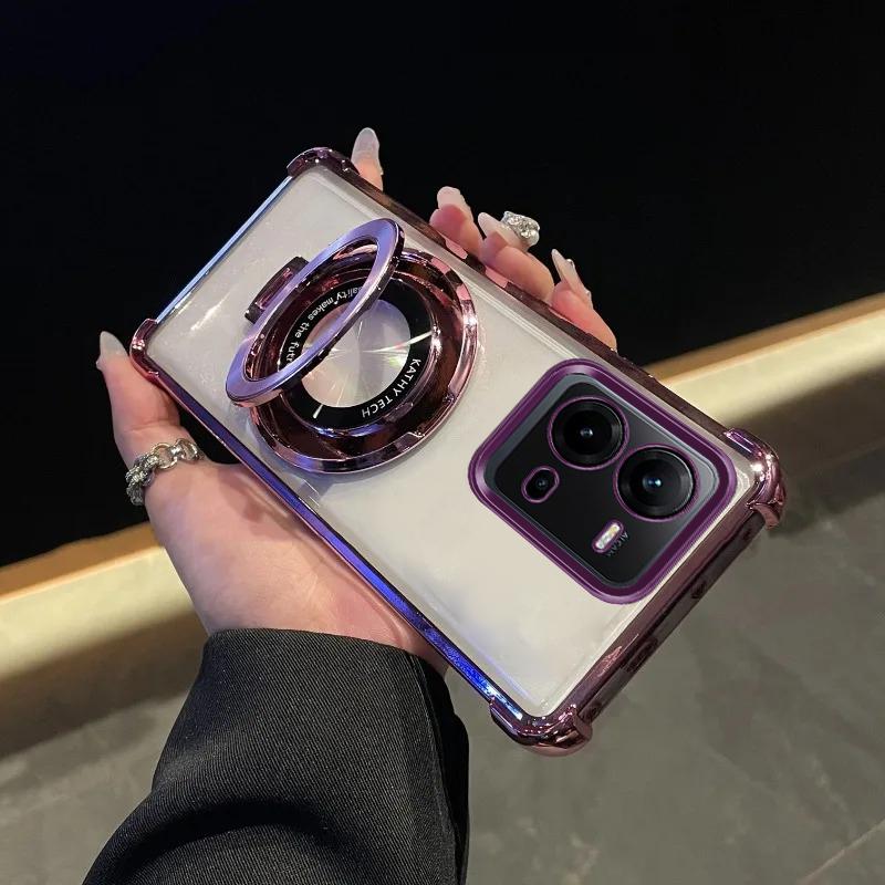 For Vivo V25E Case Luxury Plating Stand Shockproof Clear Case For Vivo V50 V27E V29E Y20 Y21 Y51 Y53S Y33 Y35 Y36 Y28 Y29 Cover