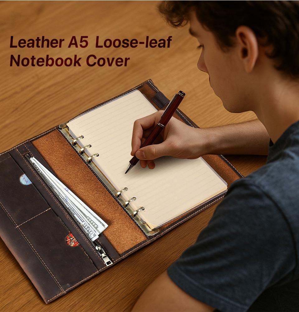 Handmade A5 Crazy Horse Leather Notebook with 6-Ring Binder & Replaceable Pages