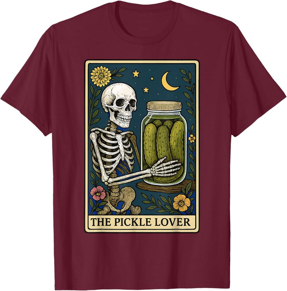 Skeleton Holding Pickle Jar Tarot Card Graphic Print Cotton Casual T-Shirt for Men Trip