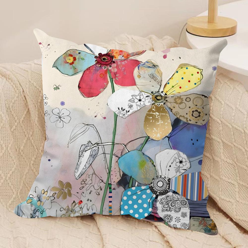 Watercolor Art Pattern Cushion Cover Silky Short Plush Sofa Pillow Cover Hidden Zipper Soft Dustproof Case for Home Decor