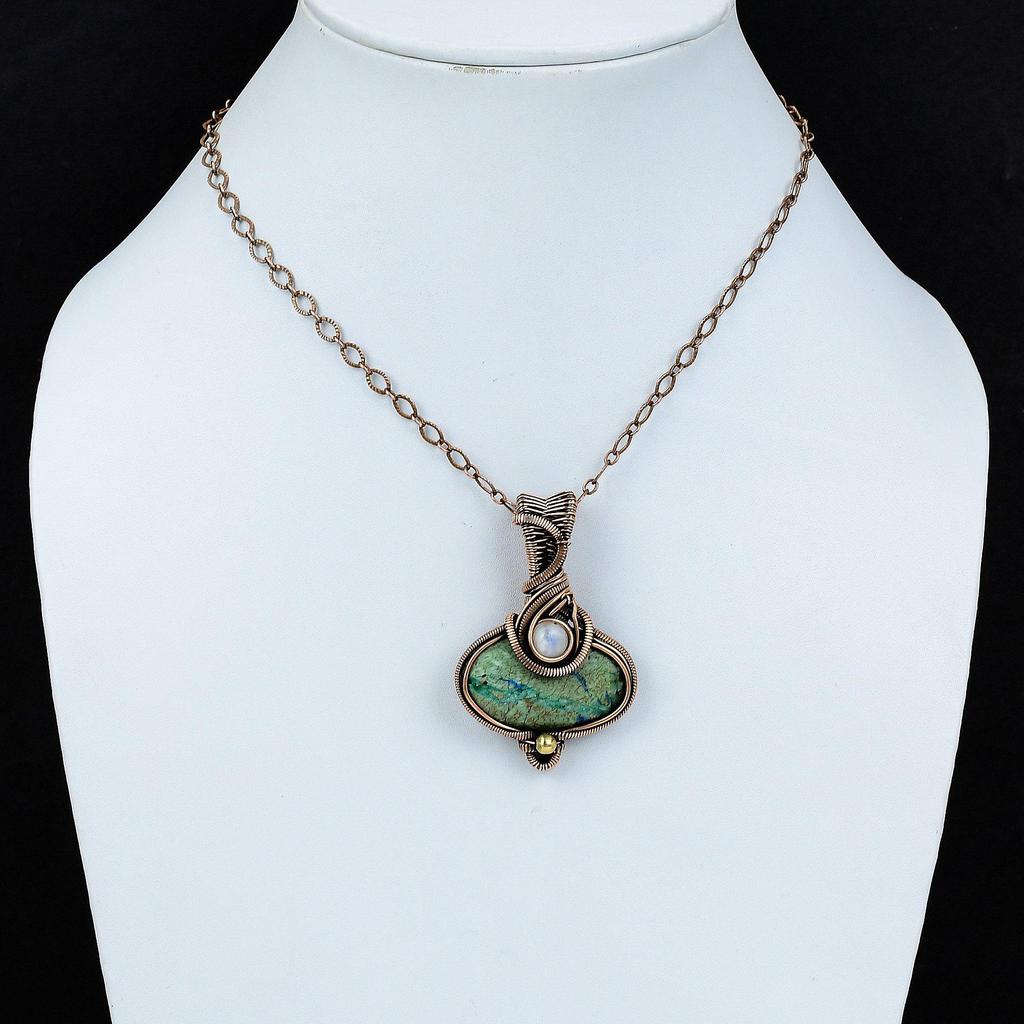 Azurit Malachit Anhänger Regenbogenmondstein Anhänger Kupferdraht gewickelter Anhänger Echter Edelstein Schmuck Geschenk für Frauen Handgefertigter Kupferschmuck