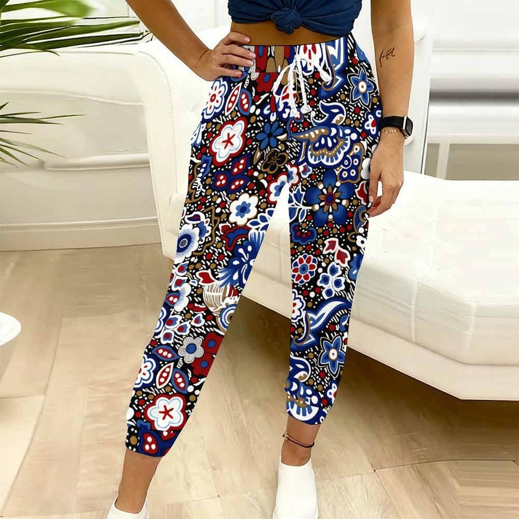 Summer Ladies Cashew Flower Printed Sweatpants Loose Fit Drawstring Joggers Elastic Cuff Daily Casual Pants