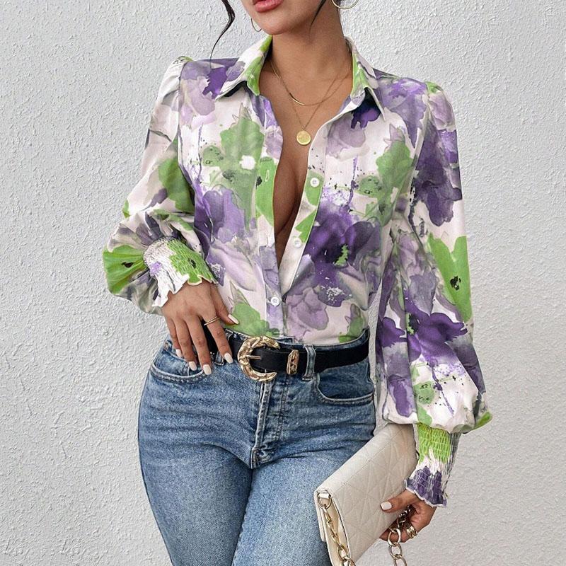 Ladies Spring Summer Lantern Sleeve Flower Printed All Match Shirt Top