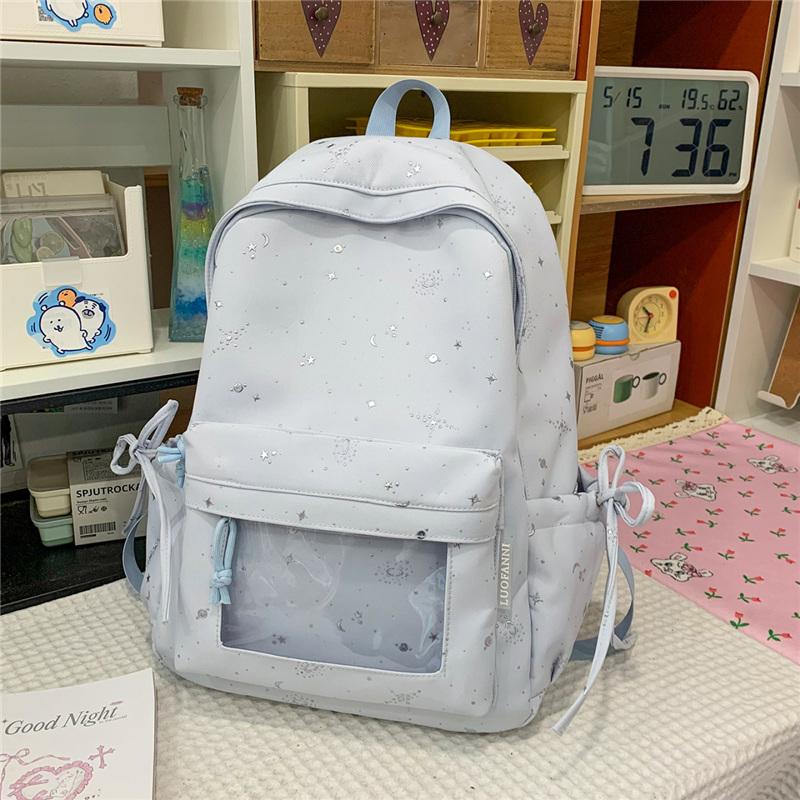 Cute Starry Print Backpack for Women, Lightweight School Bag with Front Mesh Pocket and Side Pockets