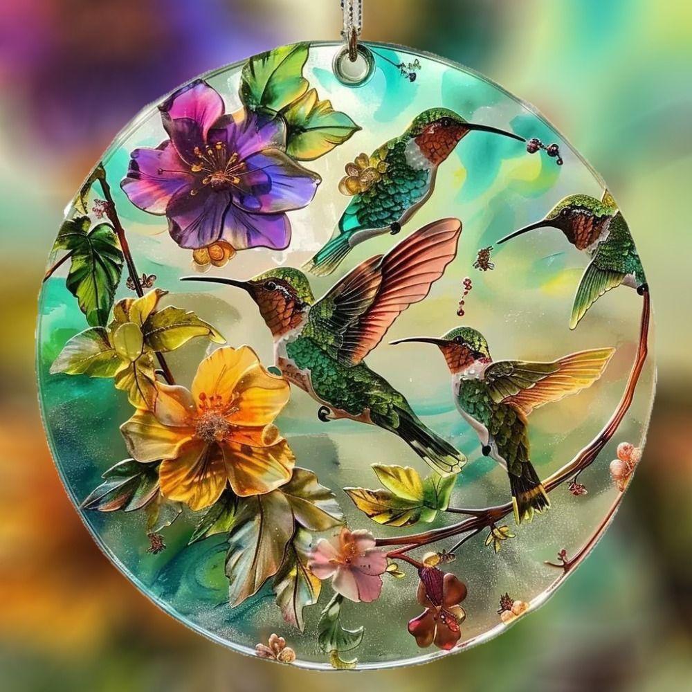 Portable Acrylic Hummingbird Hanging Suncatcher Flat Round Window Pendant Ornament Colorful Garland Decoration Window