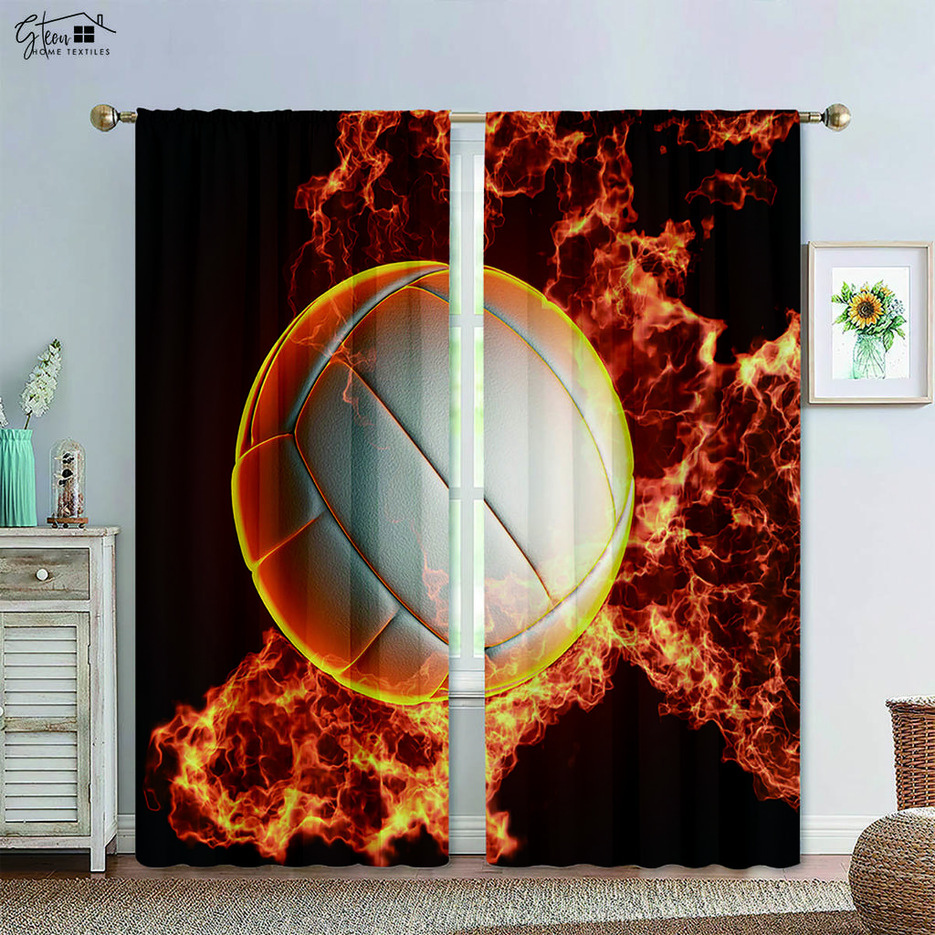 Basketball Football In Water and Fire Black Print Curtain Rod Pocket Machine Washable Bedroom Living Room Decorative Curtains