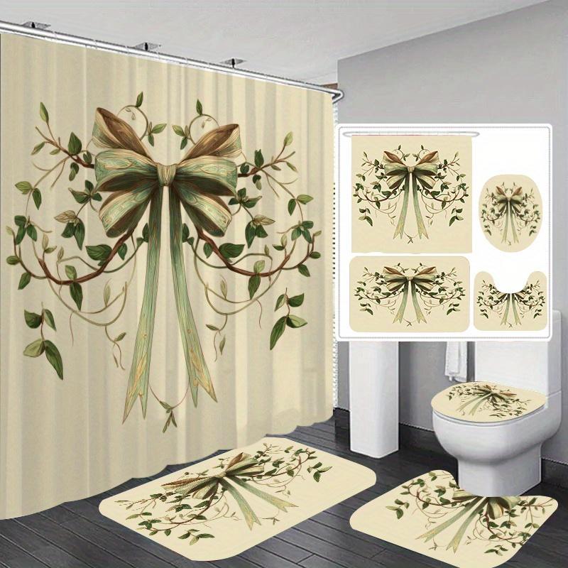 

4pcs Green Leaf Ribbon Garland Printed Shower Curtain Set, Ring Multi Size, Decorative Bathroom Set Includes Shower Curtain 90x180cm